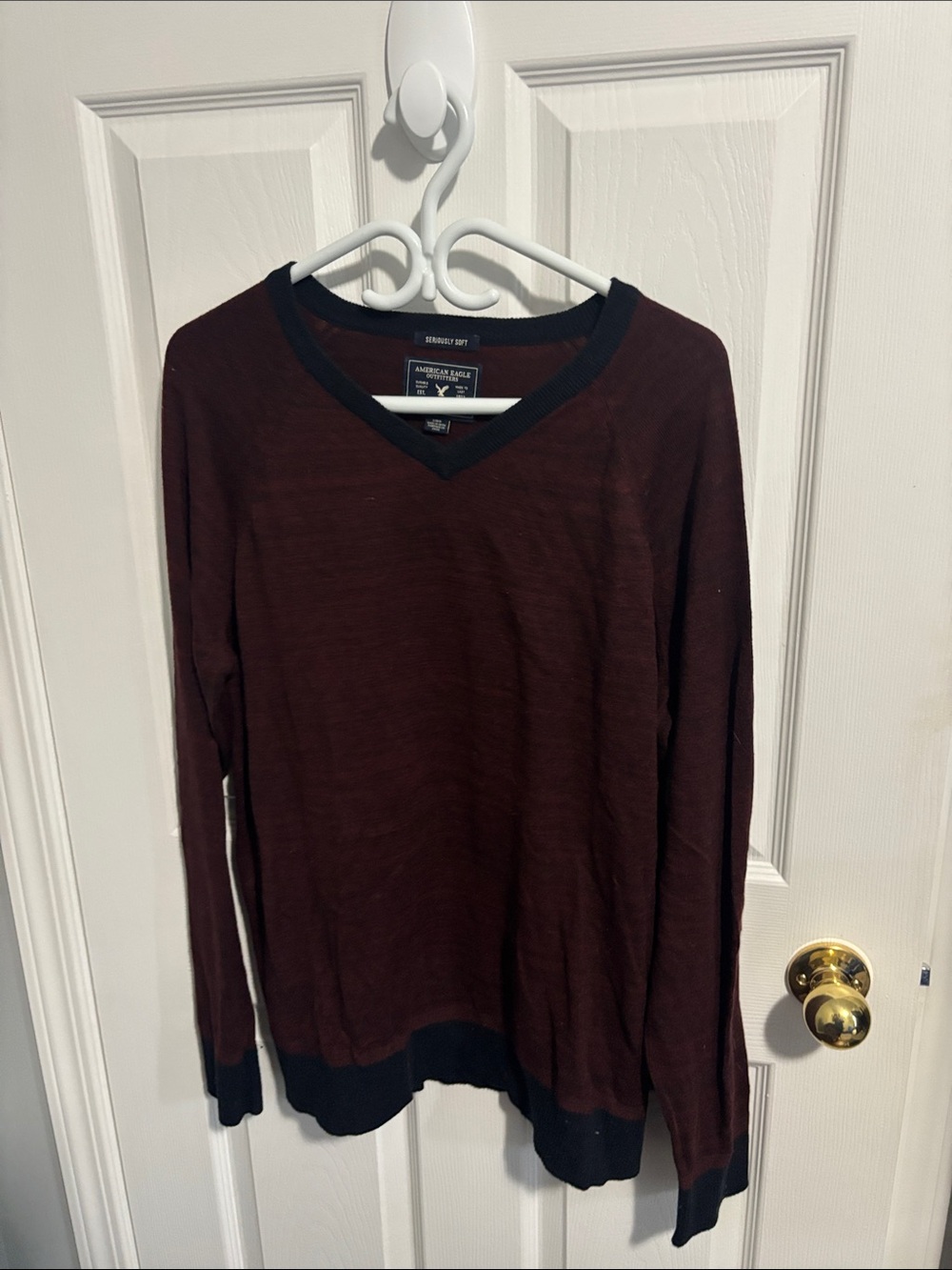 American Eagle Outfitters Men's Dark Burgundy V-Neck Sweater with Black Trim